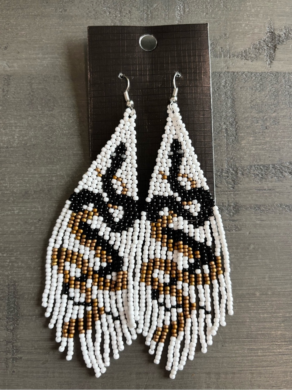 Handmade White, Black & Gold Beaded Snake Pattern Fringe Earrings